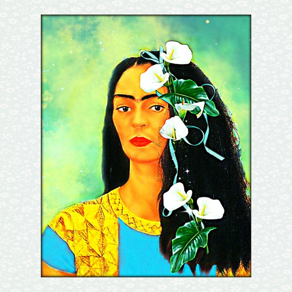 Frida Kahlo Art Poster Instant Digital Download Hair Loose Print Digital Painting Mixed Media Collage Aqua Blue Green Calla Lily All Sizes
