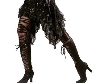 Skirt, X Large, Black, Silver, Ruffles, Cabaret, Vaudeville, Steampunk, Noir, Gothic, Vampire, BellyDance, Dark Fusion Boutique