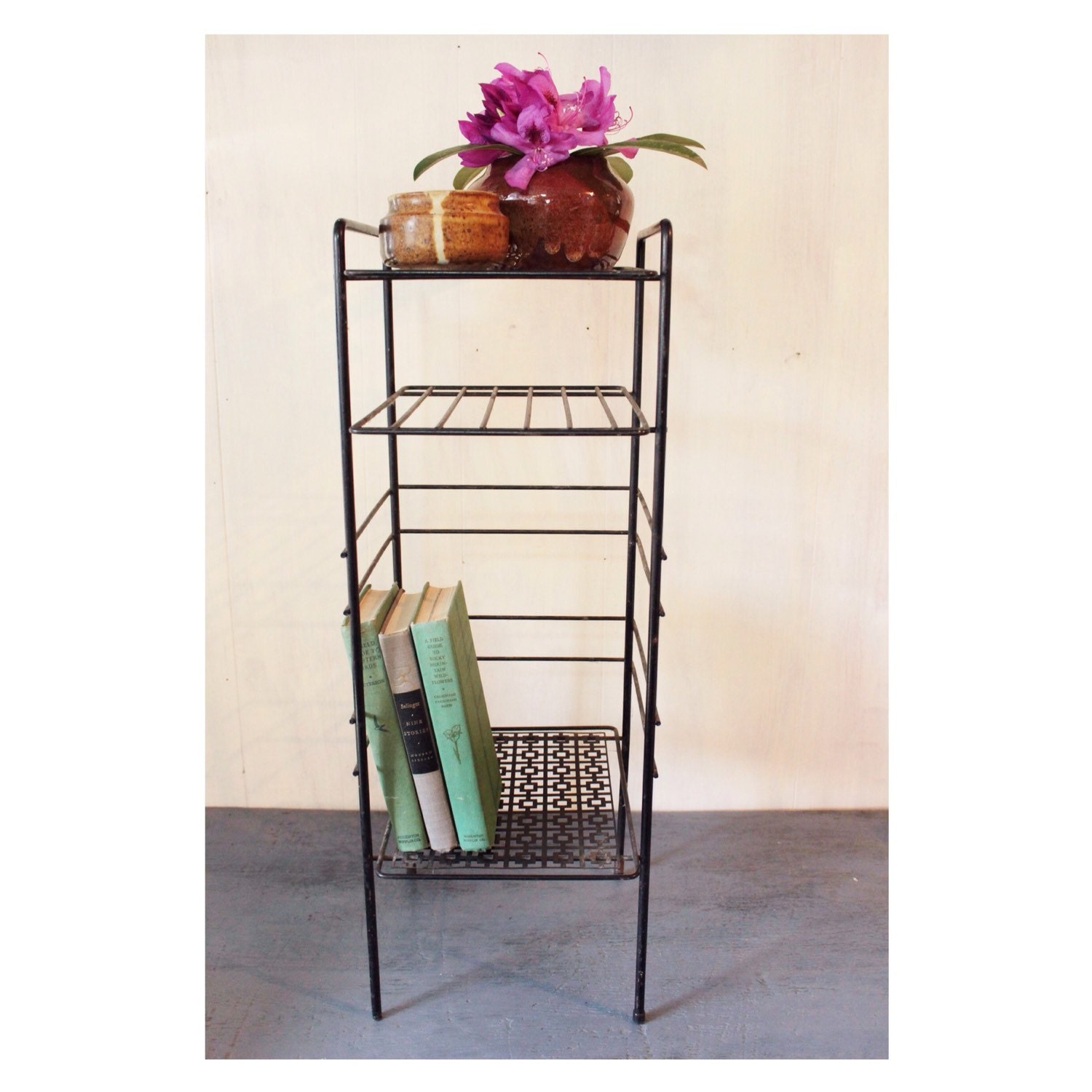 vintage side table black wire bookshelf plant stand