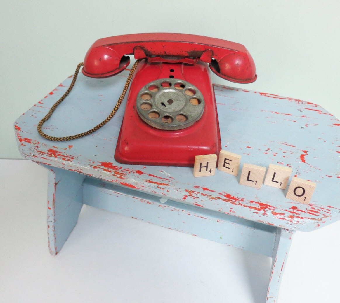 Vintage Toy Play Telephone with Rotary Dial Red Metal Cord