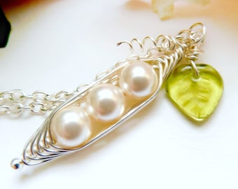 Pea Pod Necklace Three Peas in a Pod Peapod Wire Wrapped with Pearls With Tiny Glass Leaf Charm