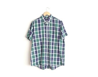 SALE // Size L // PLAID SHIRT // Green & Navy Blue - Short Sleeve - Button-Up Oxford - Vintage '90s.