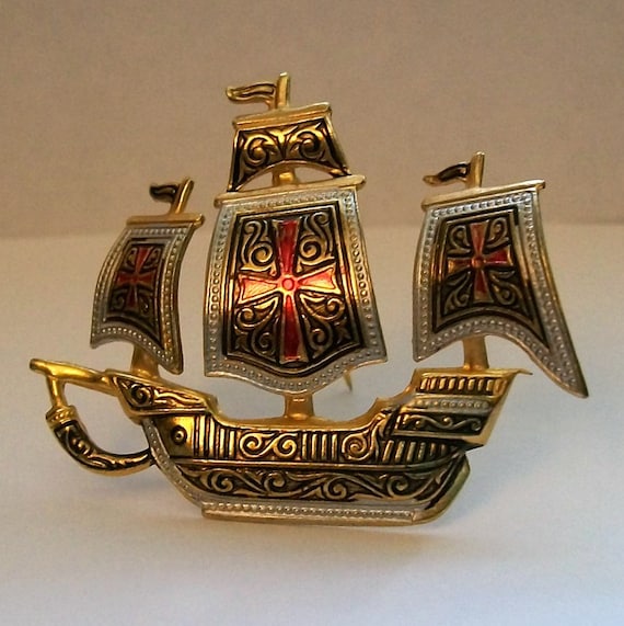 Ship Pin Boat pin Vintage Ship Brooch Spanish Galleon Ship