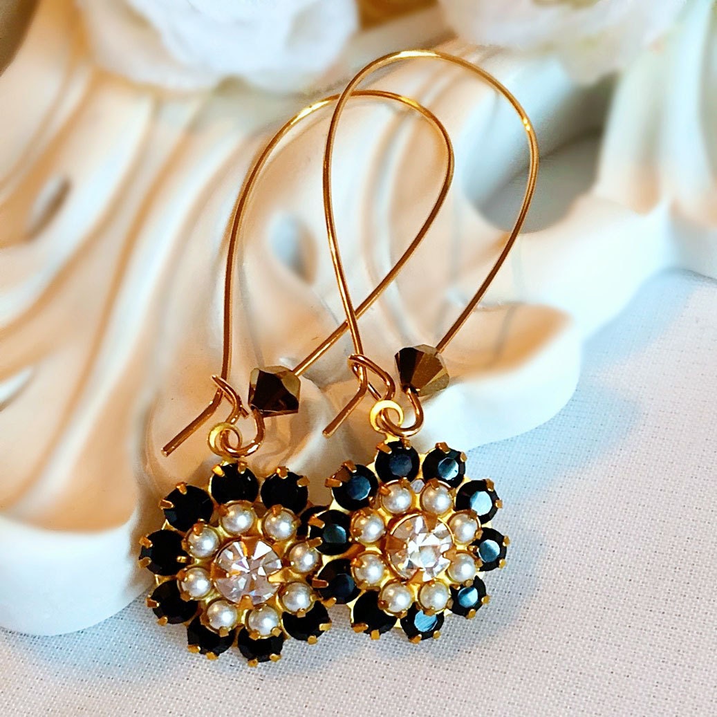 Affordable Christmas Gifts - Black and White Flower Earrings - Romantic - Victorian Earrings - FIORE Black Tie