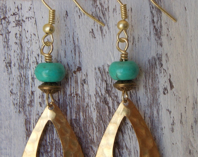 Brass Earrings Textured Hammered Earring Turquoise Earrings Boho Earrings Dangle Oval Drop Earrings Jewelry Rustic Woodland Earrings