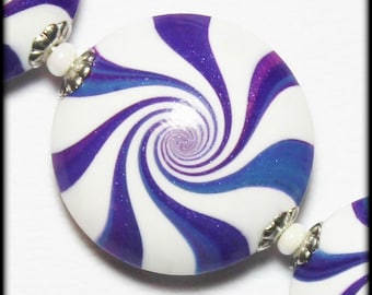 Tie Dye Blues... Handmade Polymer Clay Beads Set Violet Blue Amethyst Purple Orchid White Silver Bead Caps Swirl Spiral Jewelry Supplies