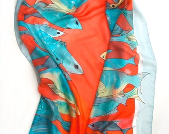 Hand Painted Silk Scarf The Fish Passage. Bright summer scarf. Luxury handpainted scarf 35/70. Aqua red silk scarf. Birthday gifts for her