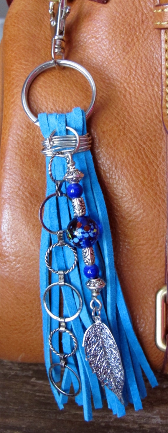 Purse Charm Tassel Zipper Pull Key Chain Chunky Turquoise