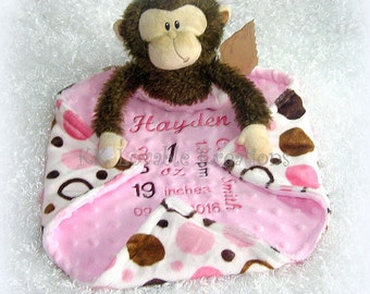 Birth Announcement Stuffed Animal With Lovey, Personalized Birth Stats Blanket and Plush Monkey toy, Unique Baby Gift by Lovablekreations