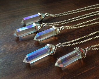 Angel Aura Quartz Pendulum Crystal Necklace - Silver Gold Polished Crystals Gemstones Minerals Healing Chakra Point Points Sterling Plated