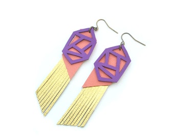 Geometric Earrings, Gold Fringe Leather Earrings, Purple Earrings, Metallic Earrings, Long Statement Earrings, Geometric Jewelry