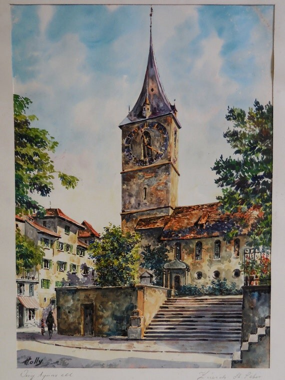 Vintage watercolor painting Zurich Germany clock tower