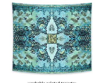 Printed Wall Tapestry, bohemian decor, monogram wall art, boho tapestry, hippie tapestry, aqua tapestry, bohemian art, wall hanging