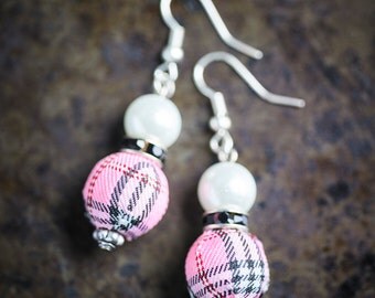 Rose Tartan, Black Rondelle and White Pearl Earrings