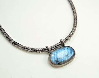 Labradorite Double Viking Knit Necklace in Earth Toned Copper - Aurora Borealis