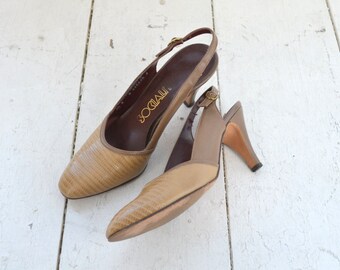 1970s Socialite Faux Snakeskin Slingback Heels, Size 8N