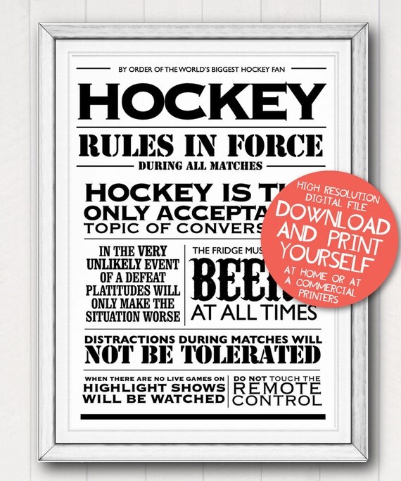 Printable Poster Ice Hockey House Rules Typographic Art Gift