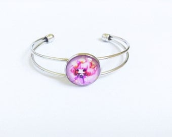 Silver plated bangle, pink fairytale girl glass cabochon bracelet, unique birthday present for daughter, cute kawaii gift for her