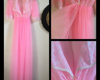 Never Worn Mid Century Glamorous and Fabulous Beautiful Bright Neon Pink Vintage Chiffon And Lace Robe In A Size Small ~ UNION MADE