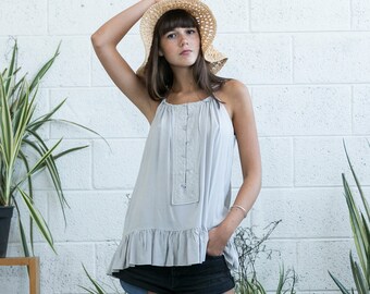 Light grey ruffle tank top, peplum top, embroidered tank top