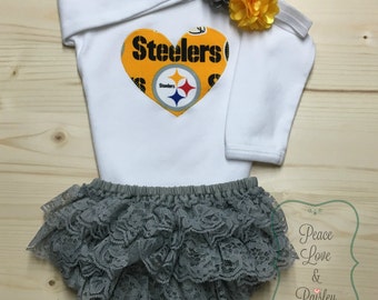 Pittsburgh Steelers Bodysuit, Lace Diaper Cover and Headband Set Made from Steelers Fabric, Steelers Baby Outfit, Baby Girl Steelers