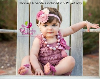 Vintage Pink petti lace romper and headband 3 pc SET, Baby girl 1st birthday outfit, Newborn Baby, Baby Cake Smash Outfit, Vintage Birthday
