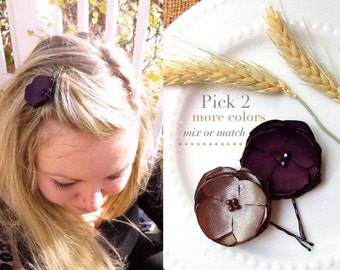 PICK 2 Small Silk Flower Hair Pins Fall Wedding hair Flower Hairpiece, Satin Flower Hair Clip Plum Bridesmaid Hair Accessory, 1.5" Hairpins