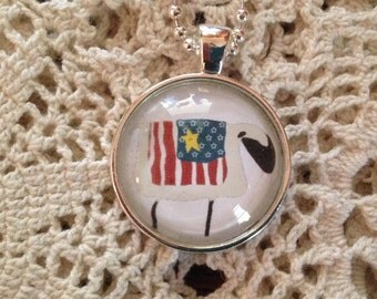 Primitive Americana Sheep Necklace, Prim Pendant Necklace, Americana Sheep Jewelry, Cabochon Necklace, Gifts for Her, Glass Dome Necklace