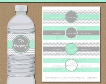 Mint Grey Water Bottle Labels, Mint Green Baby Shower Decorations, EDITABLE Water Labels, Printable Baby Shower Ideas Party Decorations BB1