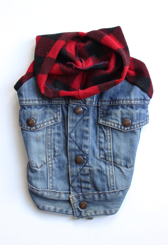 Dog Denim Jacket With Buffalo Plaid Fleece Sleeves and Hood