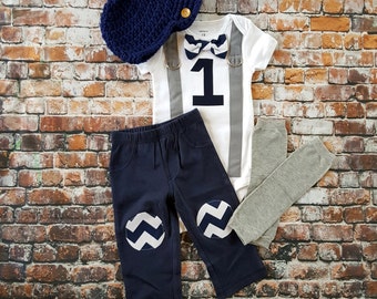 Baby Boy First Birthday Outfit - Little Man, Bow Tie Bodysuit, Leg warmers, Button Hat, Cake smash, 1st Birthday, Navy Blue Chevron