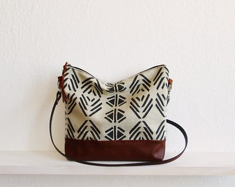 Aztec print crossbody bag, Messanger bag, Canvas and Leather bag, Triangle print, Geometry bag, Navajo, Tribal print