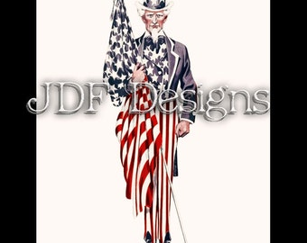 Instant Digital Download, Vintage Graphic, Uncle Sam with Flag in Stars Stripes Costume, Printable Image, Scrapbook, Americana, Patriotic