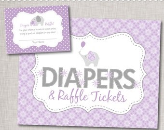 Purple Diaper Raffle Printable Insert Cards and Sign / Purple Elephant Baby Shower Diaper Raffle