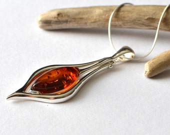 Natural Baltic Amber Pendant with Sterling Silver, Amber Sterling Silver Pendant, Amber Pendant Necklace