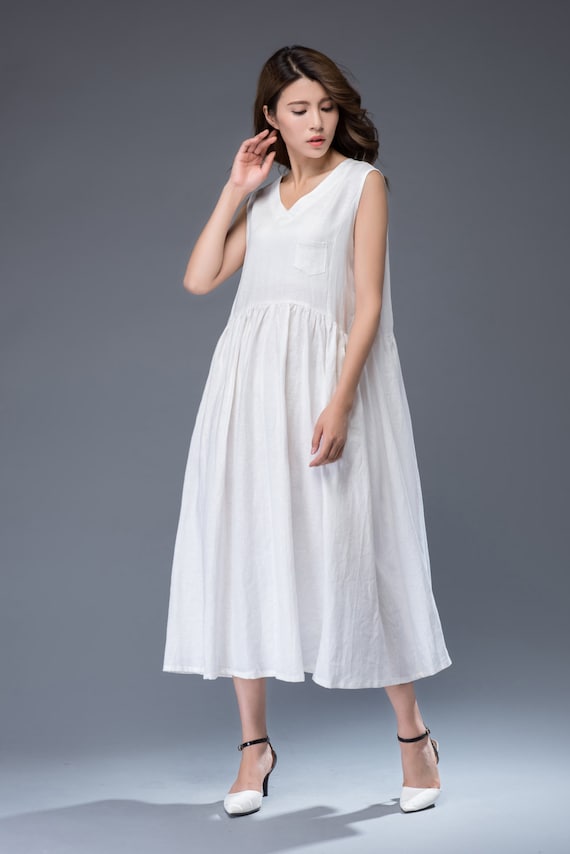White linen dress loose dress maxi dress C946