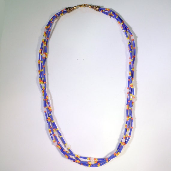 Blue Bugle Bead Multistrand Necklace N003