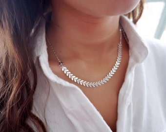 Silver Necklace Dainty Geometric Necklace Fishbone Necklace everyday necklace delicate silver plated jewelry.
