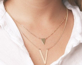 Gold Triangle necklaces set of two layered everyday necklaces Delicate V Necklace gold chain necklaces gold filled jewelry.