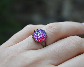 Dragons breath ring druzy ring resin ring, stocking stuffer, gift for her under 15, red glitter ring