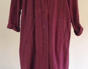 1980s Long Burgundy Cotton Duster Coat with Shoulder Pads