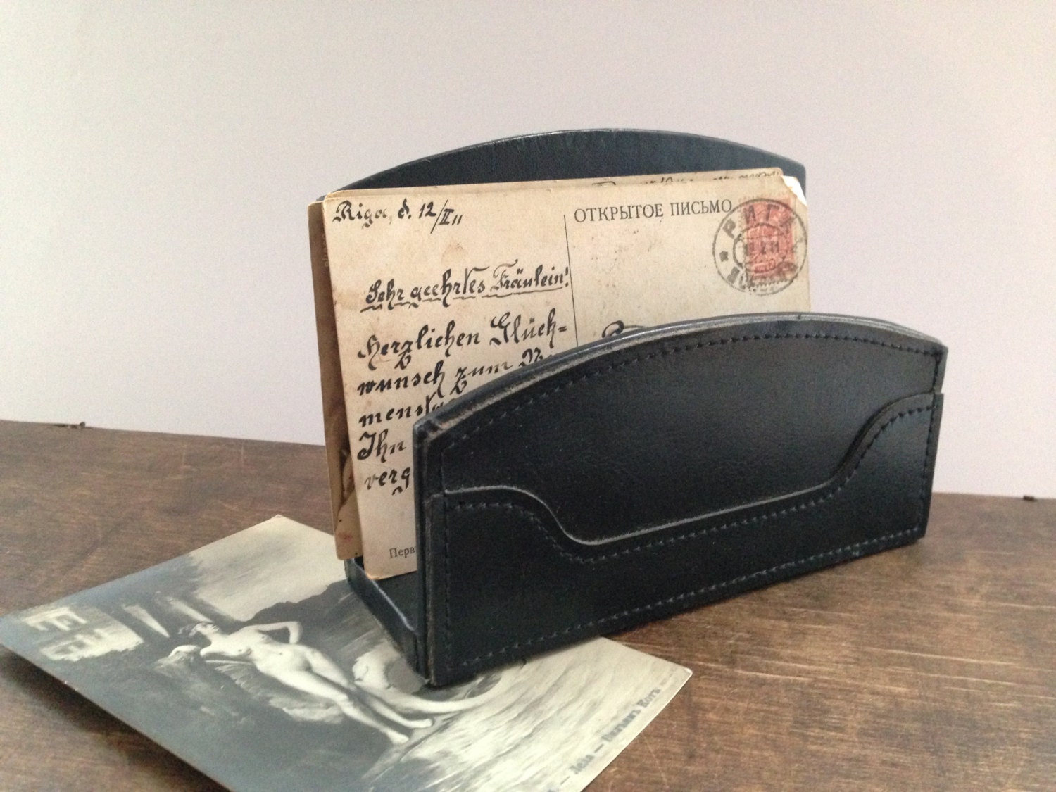 Vintage faux leather letter holder Document holder Office desk