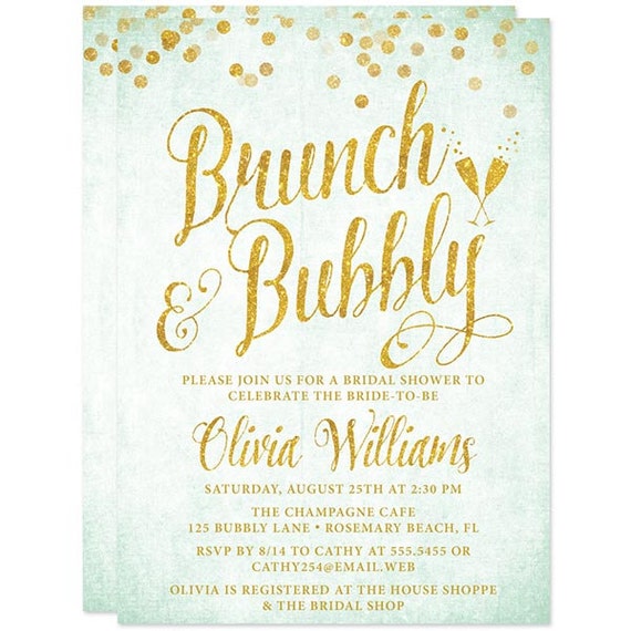 Mint and Gold Brunch & Bubbly Bridal Shower Invitations Printed