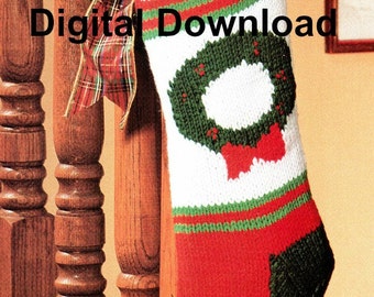 Christmas Stocking Knitting Pattern, Christmas Wreath, Vintage Holiday DIY, Crafting, PDF Instant, Digital Download