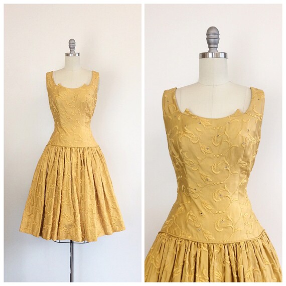 50s Golden Rhinestone Dress / 1950s Vintage by CheshireVintageShop