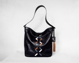 Large Black Hobo Canvas Bag Shoulder Bag Leather Tassel