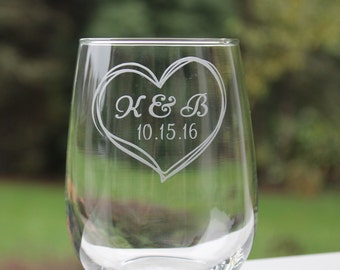 wedding wine glasses, heart, stemless wine glasses, wine glasses, personalized wine glasses, wedding wine glasses, monogram, etched wine