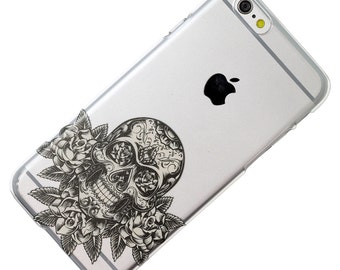 Sugar Skull On Roses Black Clear Phone Case iPhone 6, 7, SE, 6 Plus, 7 Plus, 6S, 5, 5C, 5S, Galaxy S6, S7, Note 5, Note 7