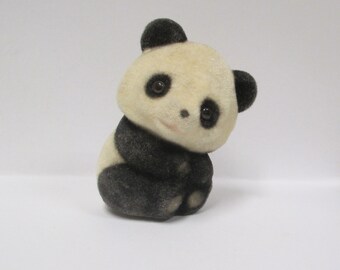 Vintage Josef Flocked Panda Figurine, Fuzzy Bear with Glass Eyes, 3.75" Tall, Japan Originals