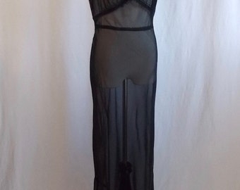 1940's Long Black Negliee Sheer Full-Length Night Gown Slip